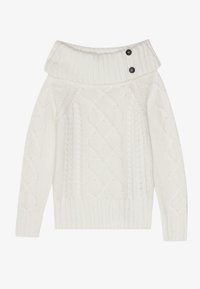 Cremefarbener Pullover mit Zopfmuster, weitem, umgeschlagenem Kragen, zwei schwarzen Knöpfen am Kragen sowie gerippten Bündchen und Saum.