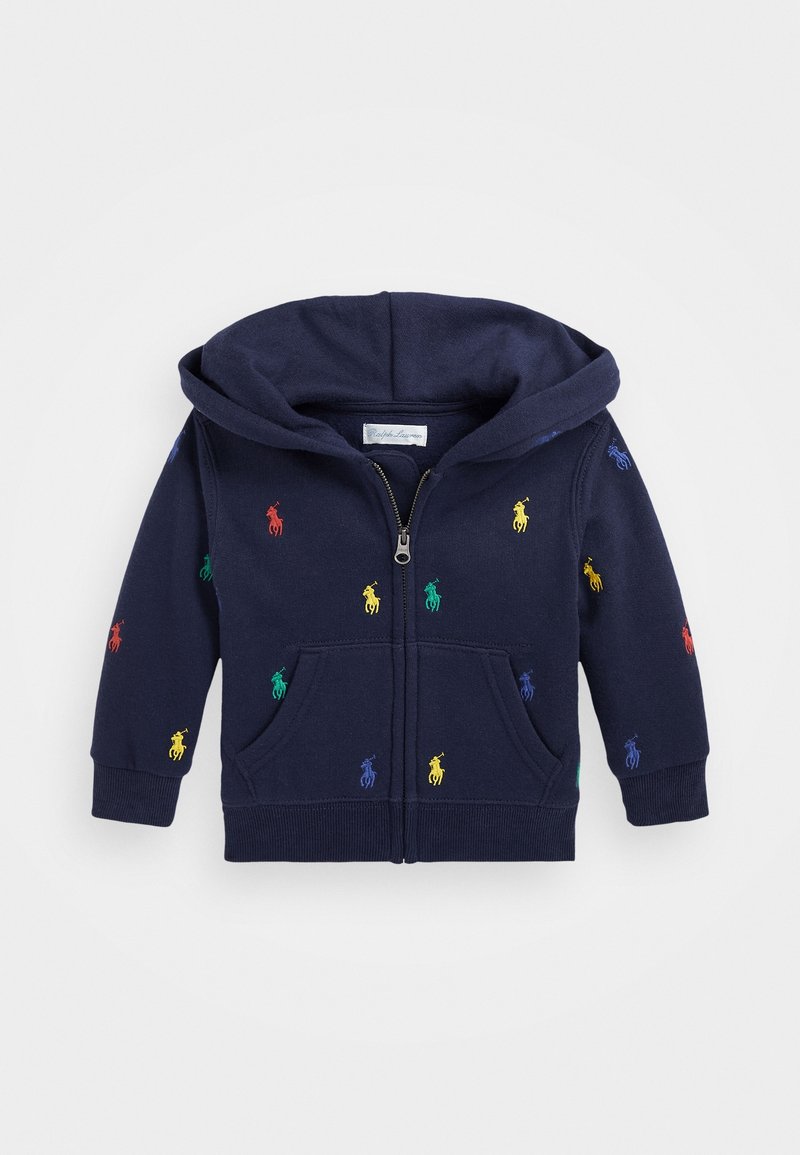 Navy zip-up hoodie crafted from cotton, featuring multicolored polo player embroidery, a front pocket, and a drawstring hood.