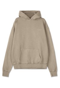 Beżowy hoodie z kieszenią z przodu, ściągaczami na rękawach i u dołu. Wykonany z miękkiego materiału, z dyskretnym logo na piersi.