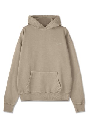 Bēša kapuce ar priekšējo kabatu, ribotām aprocēm un apakšmalu. Izgatavota no mīksta materiāla, ar smalku logotipu uz krūšu.