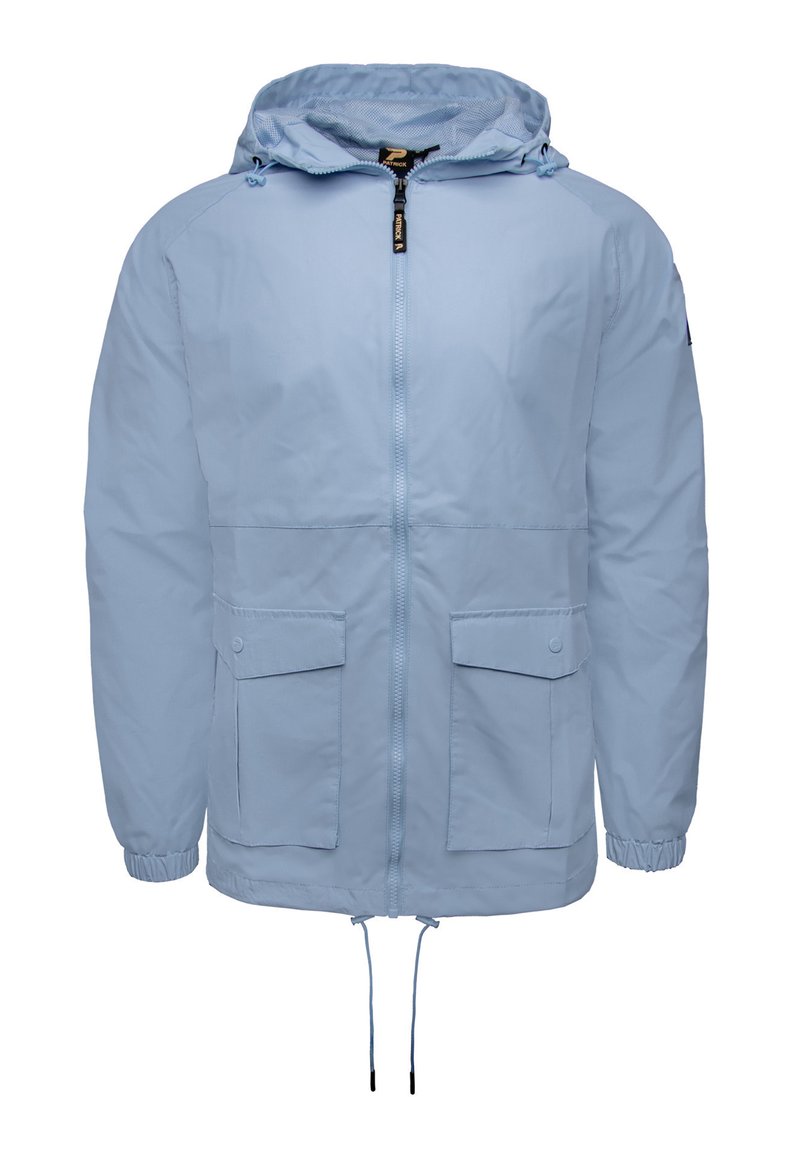 Light blue hooded jacket made of smooth fabric, featuring a front zipper, two large pockets, and elastic cuffs with adjustable drawstring at the hem.