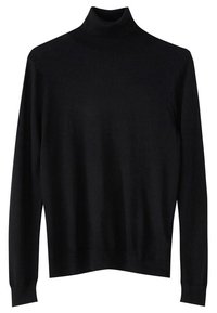 Maglione dolcevita nero realizzato in tessuto morbido e elastico, con maniche lunghe e un taglio aderente. Design semplice, senza motivi o dettagli visibili.