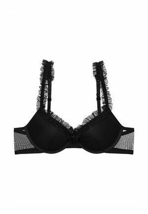 Black bra featuring delicate ruffled lace trim along the cups and straps, with sheer mesh side panels. Underwired for support.