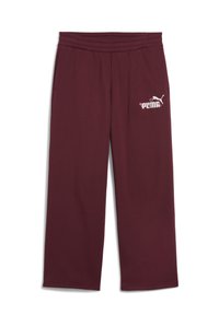 Bordowe długie spodnie dresowe z szerokimi nogawkami, elastycznym pasem, bocznymi kieszeniami i białym logo Puma z drobnymi różowymi kwiatowymi detalami na lewej udzie.