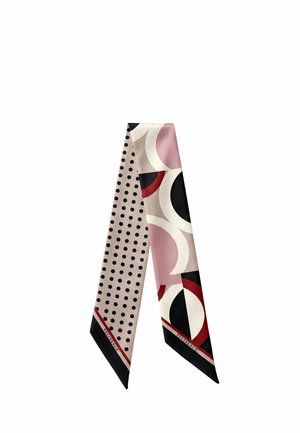 Seidenschal mit geometrischen Formen und Polka-Dots in Schwarz, Weiß, Rot und Pink, mit schwarzem Besatz und Markennamen-Detail.