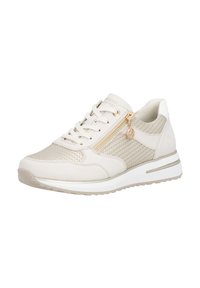 White sneaker with a textured mesh upper, lace closure, and gold-tone zipper accent. Features light-colored sole and minimalistic design details.
