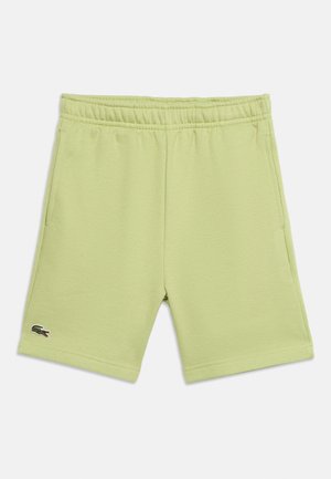 Pantalones cortos casuales de color verde claro con cinturilla elástica, bolsillos laterales y pequeño logo de cocodrilo bordado en la parte inferior de la pierna izquierda.