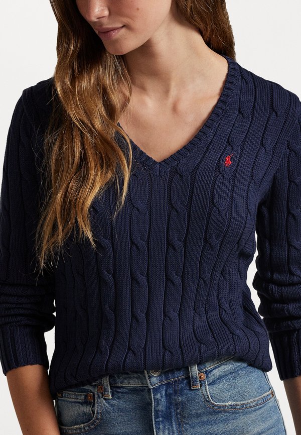 CABLE KNIT COTTON V NECK SWEATER - Jumper - marine3