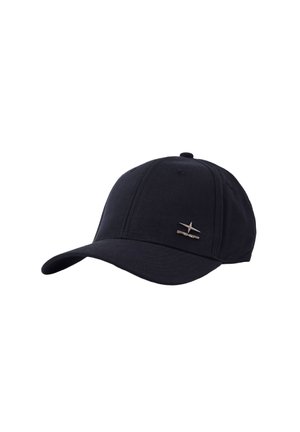 Zwarte baseballpet met gebogen klep en klein zilverkleurig stervormig logo op het voorste linker paneel tegen een witte achtergrond.