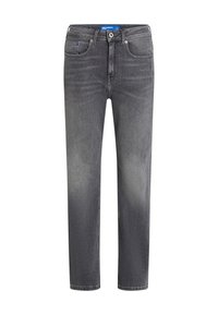 Sive jeans iz denima s ravnim krojem, pet žepov in klasičnim zadrgo. Imajo subtilno zbledelost in oznako na pasu z blagovno znamko.