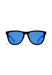 Black plastic sunglasses with a rectangular shape and blue mirrored lenses. Smooth texture with no visible hardware or accents.