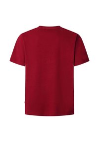 Rood katoenen t-shirt met een ronde hals en korte mouwen. De stof is glad, heeft een effen kleur en geen zichtbare patronen of versieringen.