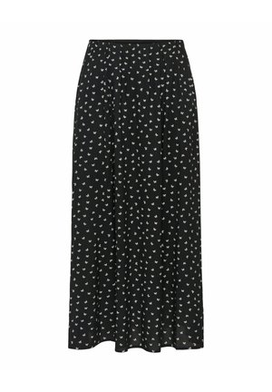 Jupe noire à fleurs avec une taille froncée, fabriquée en tissu léger avec de petits motifs floraux blancs. Design longueur de sol.