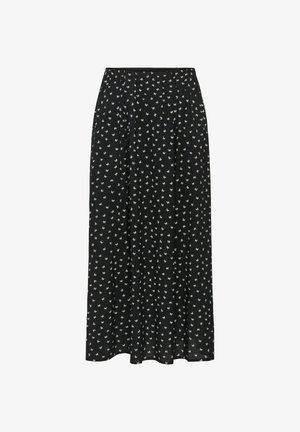 Jupe noire à fleurs avec une taille froncée, fabriquée en tissu léger avec de petits motifs floraux blancs. Design longueur de sol.