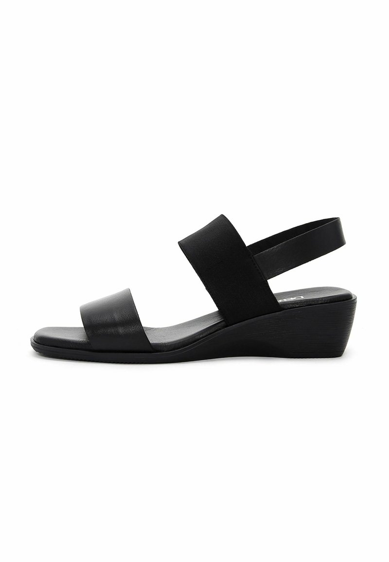 Sandale compensée noire avec deux larges brides sur le pied et une bride arrière, talon bas et semelle lisse.