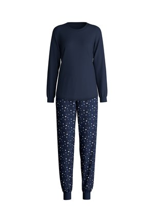 Maglietta a maniche lunghe di colore navy con scollo rotondo abbinata a pantaloni da pigiama a fantasia con lune e stelle in tonalità di crema e rosa pallido.