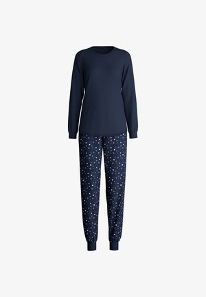 Navy long-sleeve top with round neckline paired with patterned pajama pants featuring moons and stars in shades of cream and pale pink.