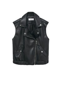 Schwarze Kunstlederweste mit tailliertem Design, Reißverschluss, Druckknopftaschen, breiten Revers und elastischem Saum. Sie verfügt über eine glatte Textur.