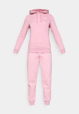 Ensemble de sweat-shirt et pantalon de survêtement rose clair, fabriqué en tissu doux. Sweat à capuche avec cordons de serrage, poignets côtelés et logo sur la poitrine et la jambe.