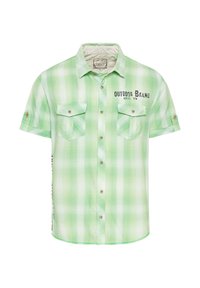 Camisa de manga corta con botones en patrón a cuadros verde claro, que presenta dos bolsillos en el pecho y acentos de botones metálicos, confeccionada en tela ligera.