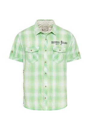 Short-sleeve button-up shirt in light green plaid pattern, featuring two chest pockets and metal button accents, made of lightweight fabric.