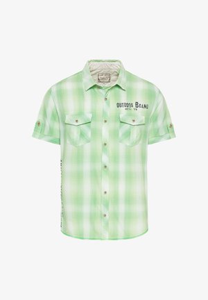 Kurzärmliges Hemd mit Knopfleiste im hellgrünen Karomuster, ausgestattet mit zwei Brusttaschen und Metallknopf-Akzenten, aus leichtem Stoff gefertigt.
