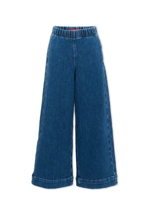 Pantaloni di jeans blu a gamba larga con vita elastica e orlo cucito, mostrati su sfondo bianco.