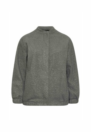 Gray fleece jacket with a round neckline, long sleeves, and a textured finish. Features a front closure and side seam pockets.