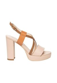 Sandali alti beige con tacco a blocco, caratterizzati da cinturini multicolor in marrone e arancione e una fascia anteriore ampia. Texture in pelle liscia.