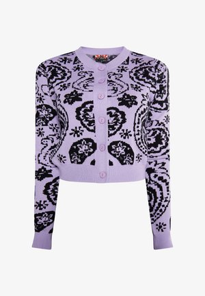 Fialový pletený cardigan s černými květinovými vzory, kulatým výstřihem a šesti knoflíky vpředu. Dlouhé rukávy s těsným střihem.