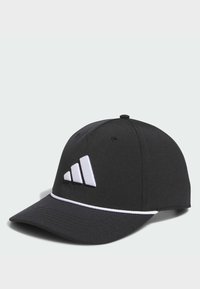 Black baseball cap made of fabric, featuring a white logo on the front and a contrasting white trim along the brim. Structured design.