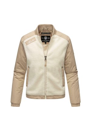 Faux fur og glatt stoff bomberjakke i beige og krem, glidelås foran, sidelommer, ribbestrikkede mansjetter og krage med merkevarelogo.