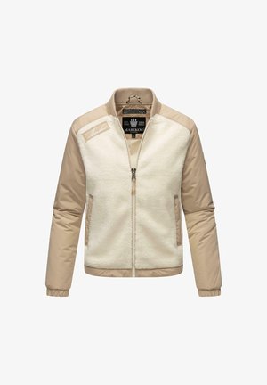 Faux fur og glatt stoff bomberjakke i beige og krem, glidelås foran, sidelommer, ribbestrikkede mansjetter og krage med merkevarelogo.