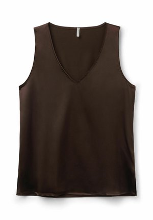 Brązowy bezrękawnik z dekoltem w serek, wykonany z gładkiego materiału, pokazany na płasko na białym tle.