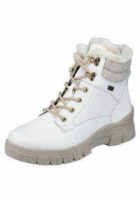 Stivaletto bianco in pelle con accenti beige, foderato in pelo e con suola in gomma testurizzata. Presenta occhielli dorati e lacci grigio chiaro.