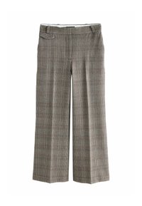 Gray plaid wide-leg trousers with a textured fabric, featuring a flat front, belt loops, and side pockets.