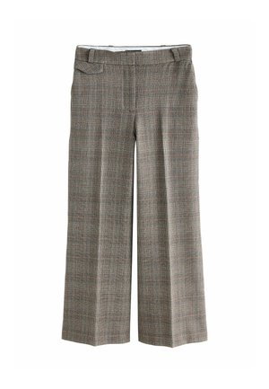 Gray plaid wide-leg trousers with a textured fabric, featuring a flat front, belt loops, and side pockets.