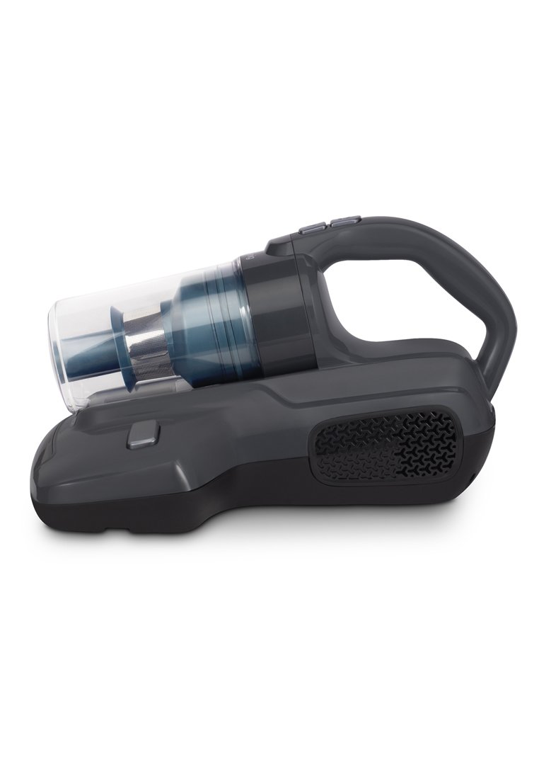 Aspiradora de mano inalámbrica en gris oscuro, con un contenedor de polvo transparente, mango ergonómico y empuñadura texturizada para facilitar su uso.