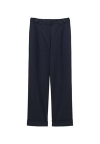 Marinblå byxor med avslappnad passform, veckad front, två sidfickor och muddade fållar. Tillverkade av ett mjukt, lätt tyg.