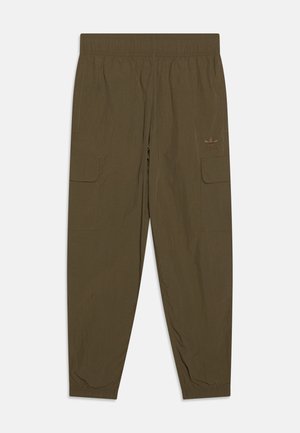 Olive green cargo pants with elastic waistband and cuffs, side flap pockets, and subtle Adidas logo on the right thigh.