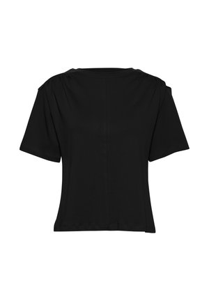 Black short-sleeve top made from soft fabric, featuring a relaxed fit, rounded neckline, and gathering detail at the shoulders.