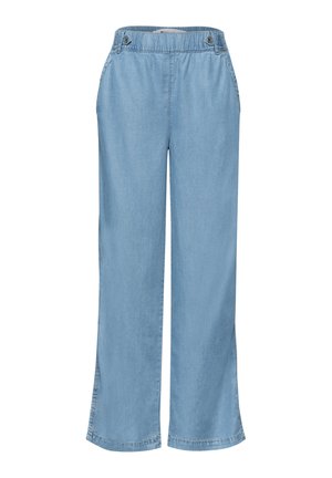 Pantalon en jean bleu clair à jambes larges avec taille élastique, poches latérales et détails de boutons près de la taille.