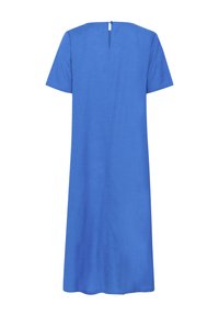 Kurzes blaues Kleid mit geradem Schnitt, kurzen Ärmeln und einem Schlüsselloch-Ausschnitt auf der Rückseite. Hergestellt aus einem glatten, leichten Stoff.