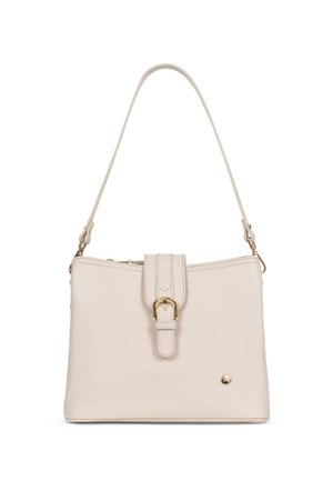 Cream-colored leather handbag with a thin strap, gold buckle flap closure, and small round gold logo on the bottom right.