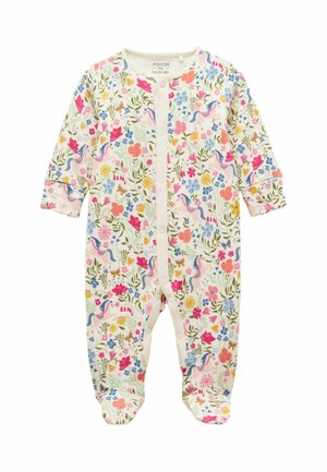 Tutina per neonati con piedi, maniche lunghe e bottoni a scatto sul davanti, decorata con motivi colorati di fiori e unicorni su sfondo chiaro.