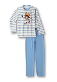 Blauw-wit gestreepte lange mouwen top met een cartoon hamburger op een snowboard; gecombineerd met effen lichtblauwe broek.