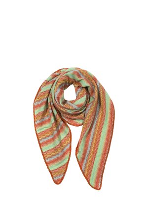 Lightweight scarf with zigzag stripes in orange, mint green, blue, and yellow, arranged with a central loop and two hanging ends.