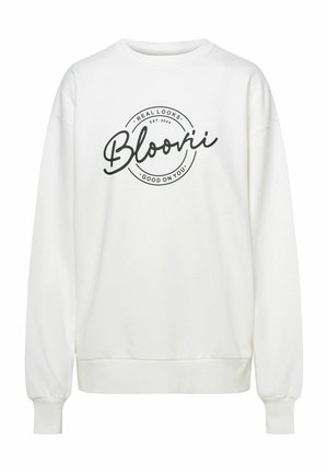 Biała bluza z okrągłym dekoltem i długimi rękawami. Posiada czarne okrągłe logo z tekstem "Bloovii" oraz "REAL LOOKS. GOOD ON YOU."