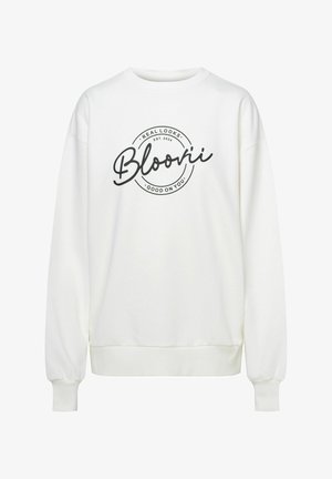 Biała bluza z okrągłym dekoltem i długimi rękawami. Posiada czarne okrągłe logo z tekstem "Bloovii" oraz "REAL LOOKS. GOOD ON YOU."