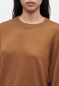 Gros plan d'une personne portant un pull marron uni à col rond, montrant la partie inférieure du visage, le cou et le haut de la poitrine.
